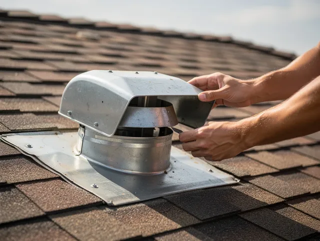 Monroe Dryer Vent Cleaning certified technician safely cleaning a roof-mounted dryer vent in Monroe